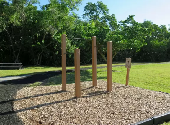 Small walk with fitness equipment.