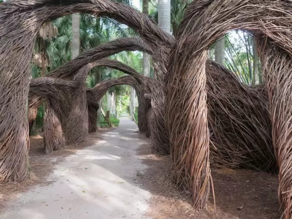 Lush paradise with water lilies galore, rustling bamboo, stone bridge, tropical flowers, strangler fig, and a gorgeous royal palm grove.