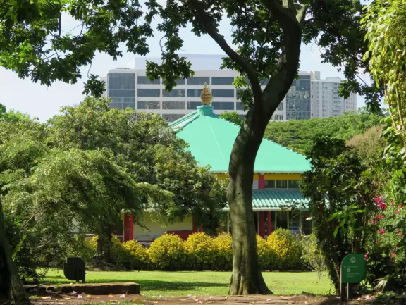 The lovely green roof of Kuan Yin Temple. Walk over for a visit. Kuan Yin is the Goddess of Mercy, special protectress of mothers and children.