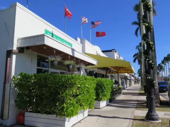 Shopping plaza with sculptures and flowers, for the mega rich.