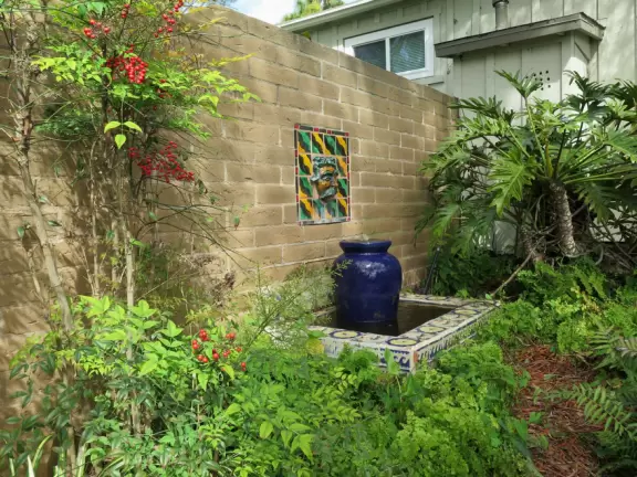 Hilly garden with many different areas to explore.