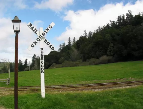 Railroad crossing sign at Roaring Camp.