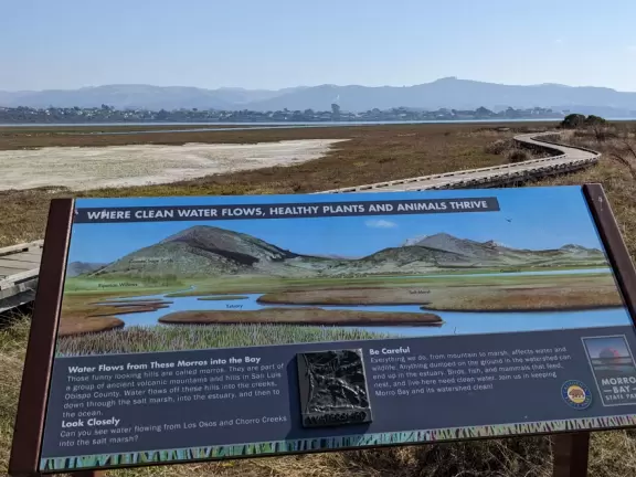Flat wooden boardwalk loop trail along the estuary- you see divebombing pelicans, Morro Rock, cypress trees on the hills opposite, salt marsh, and mountains in the distance.