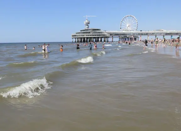 Popular beach with large pier, wide boardwalk, aquarium, grand 1880s hotel, and cafes.