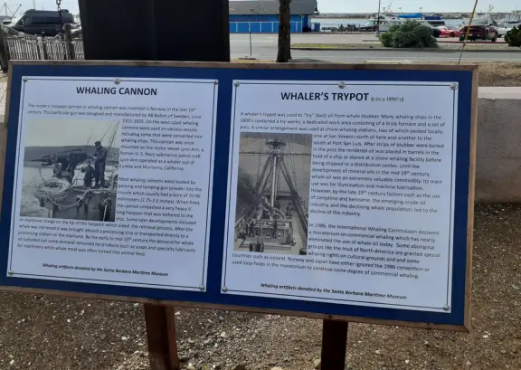 Plaque about the whaling cannon and whaler's trypot. 