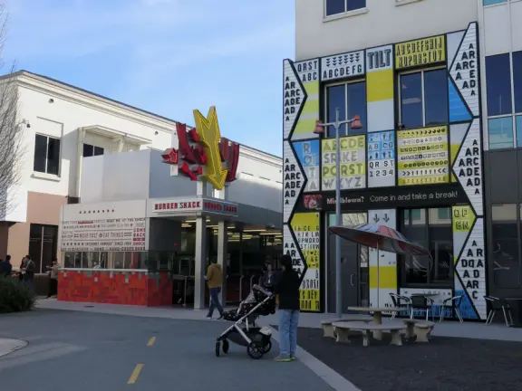 Burger Shack is in a colorful building. 