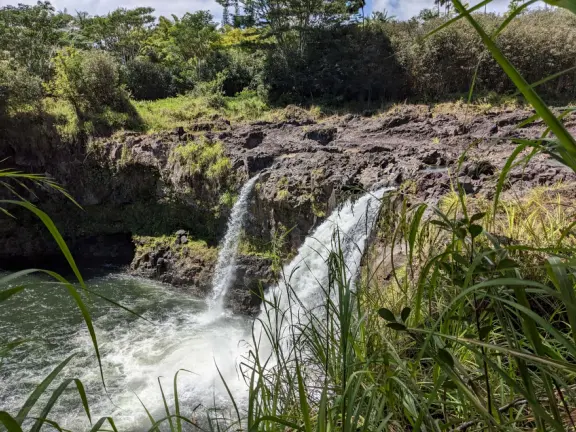 Wai'ale (Waiale) Falls is a difficult, short hike in gorgeous rainforest, to a waterfall. Those who stay behind can see the waterfall anyway, from the highway bridge!