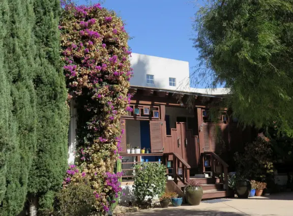 Hilltop park with basketball court with views, picnic tables, eucalyptus trees, and a difficult two-mile out-and-back trail.