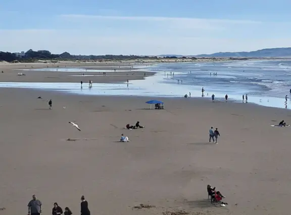 Gorgeous spot with wide pier, surfers carving the waves, whale playground, wide open attractive plaza, Pismo Beach selfie sign, and wooden promenade with views of the hills and sea.