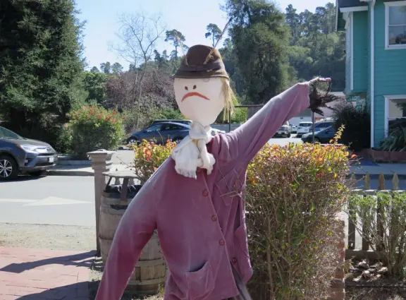 Dozens of scarecrows around Cambria East, Cambria West, Moonstone Drive, and San Simeon! In front of businesses. Very fun!
