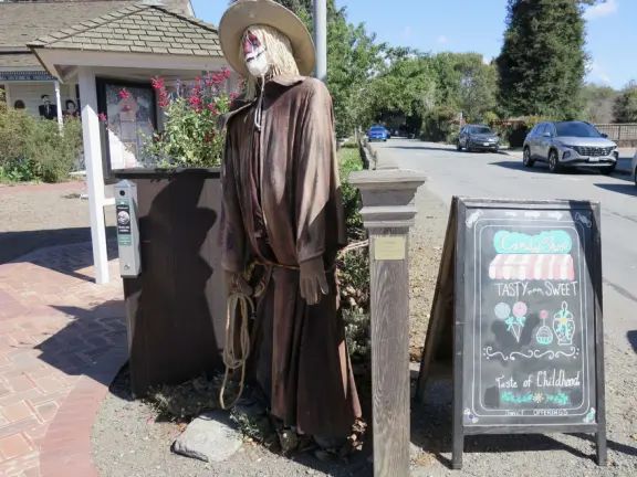 Dozens of scarecrows around Cambria East, Cambria West, Moonstone Drive, and San Simeon! In front of businesses. Very fun!