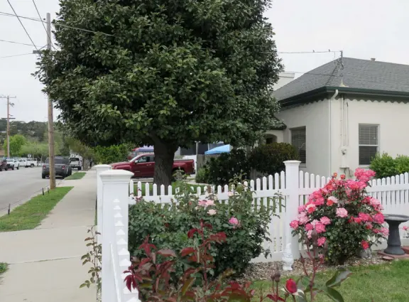 Large lush park with tall tropical trees, attractive bandstand, cute toddler playground, historic house and schoolhouse, swinging bridge to the main street, and neighborhood with cottages.