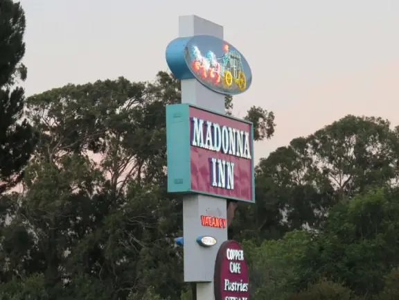 Walk the secret garden, plus admire the ranunculus flowers at the Madonna Inn entrance door in springtime, or swing, line, and ballroom dance on the fancy dance floor to live music most nights!
