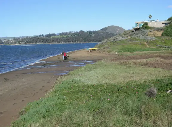 Windy estuary beach (called Baywood Park Beach), bench with views of Morro Rock, and waterfront lookout deck, plus lovely beach houses and views of the mountains.