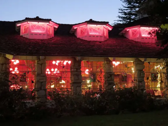 Walk the secret garden, plus admire the ranunculus flowers at the Madonna Inn entrance door in springtime, or swing, line, and ballroom dance on the fancy dance floor to live music most nights!