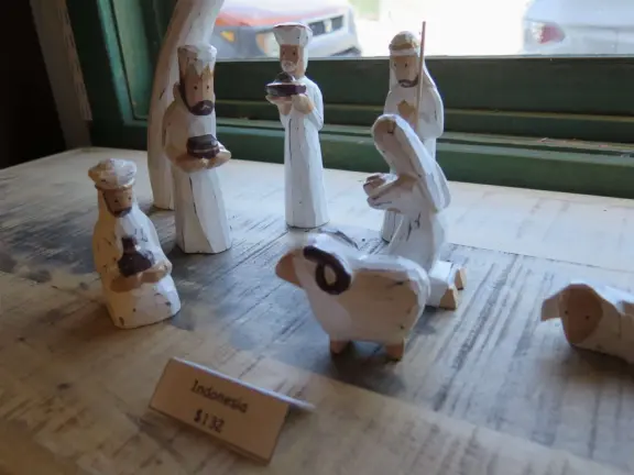 Wooden nativity scene from Indonesia at Cinnabar Boutique. 