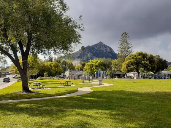 Cute playground with two bridges to go under, near a school so there are kids there in the afternoon. Plus, a pretty neighborhood to walk.