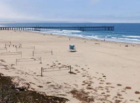Stairs surrounded by purple and yellow ice plant, leading down to Pismo Beach. Volleyball, long walks, caves, pier and boardwalk.